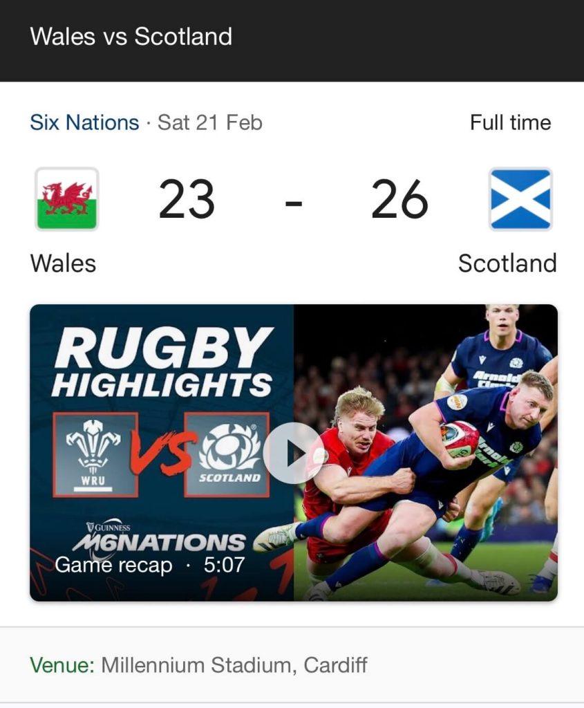 Printed tickets for Scotland vs Wales Six Nations rugby match in Cardiff