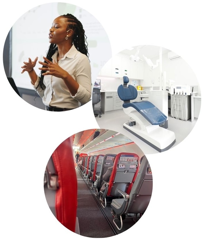 lady providing presentation, dentist chair and airplane to represent common fears