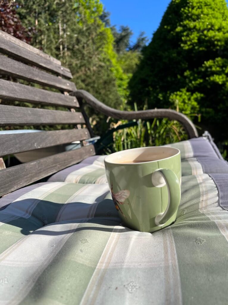 Cup of tea balancing on outdoor bench cushion in the sunshine