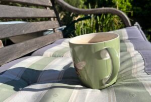 Cup of tea balancing on outdoor bench cushion in the sunshine